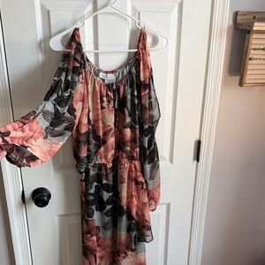 Jennifer Lopez Floral Peasant Dress in Peach, Black and Gray